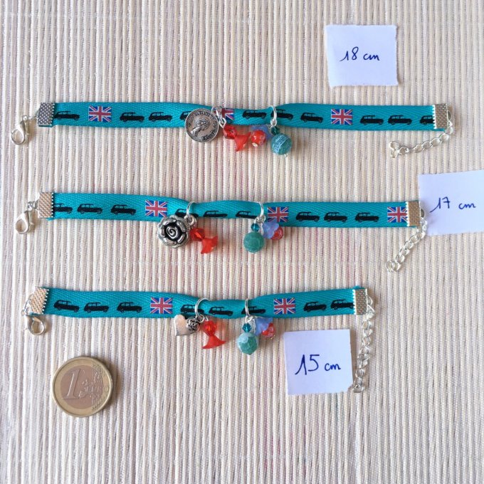 Bracelet 15cm & 17cm & 18cm, ruban bleu vert, taxi londonien