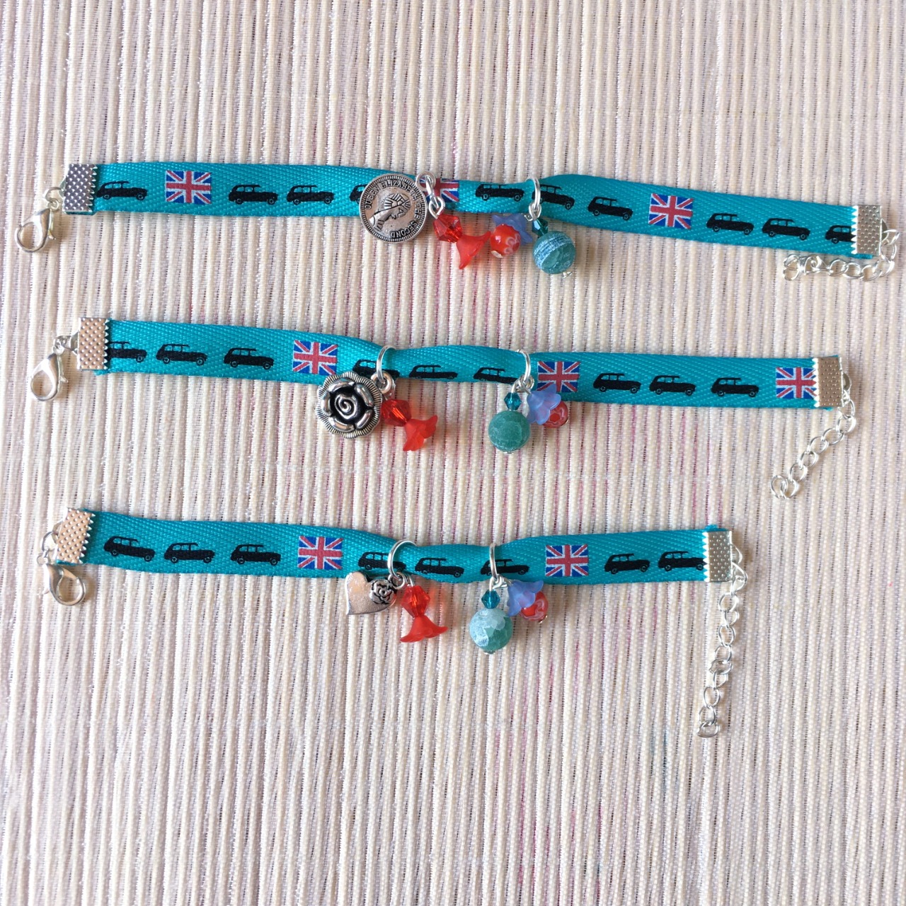 Bracelet 15cm & 17cm & 18cm, ruban bleu vert, taxi londonien