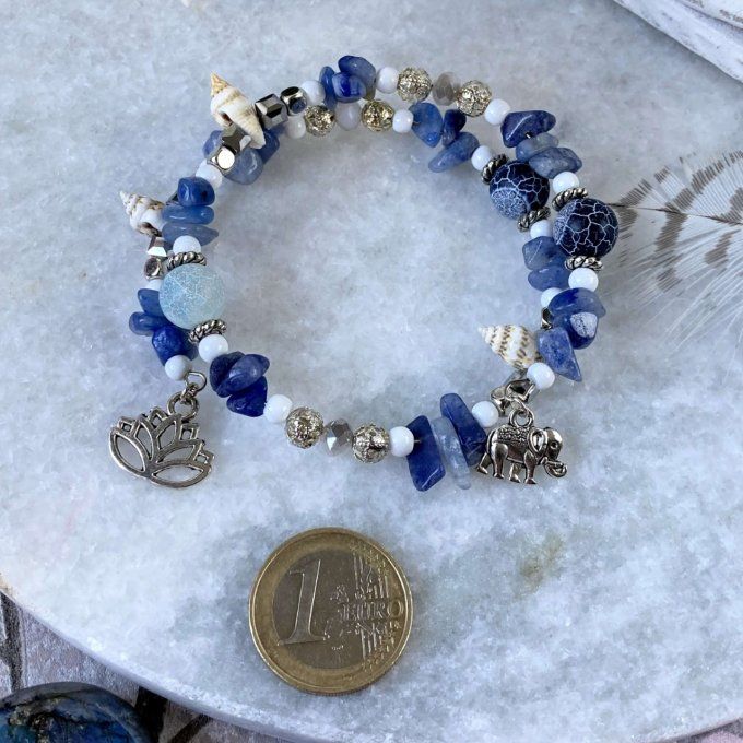 Bracelet Jonc en Sodalite, perles, coquillages, breloques lotus & éléphant 