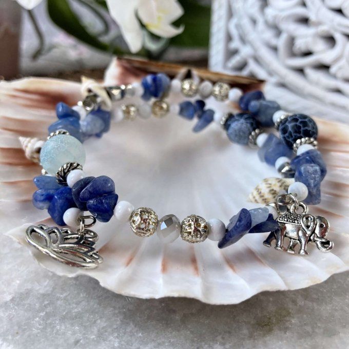 Bracelet Jonc en Sodalite, perles, coquillages, breloques lotus & éléphant 