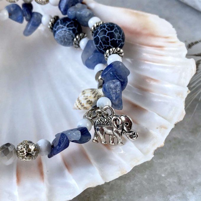 Bracelet Jonc en Sodalite, perles, coquillages, breloques lotus & éléphant 