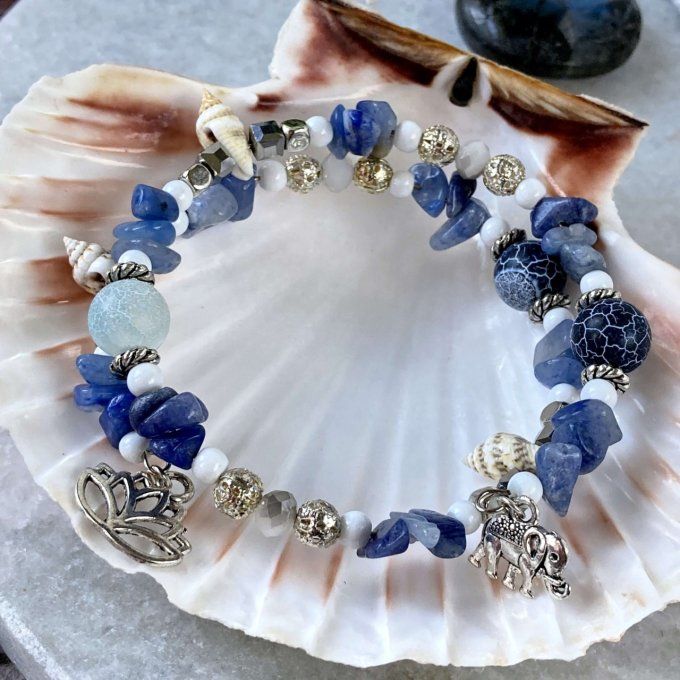 Bracelet Jonc en Sodalite, perles, coquillages, breloques lotus & éléphant 