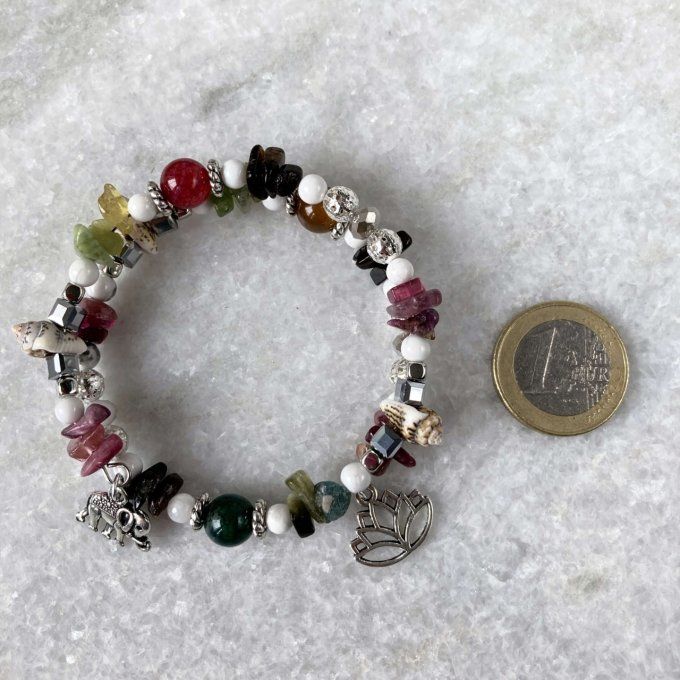 Bracelet Jonc en Tourmaline multicolore, perles, coquillages, breloques lotus & éléphant 