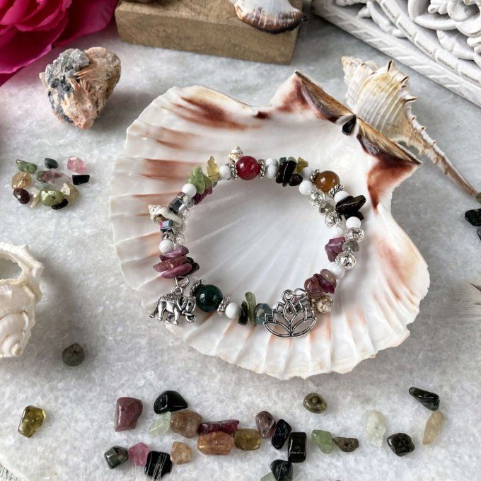 Bracelet Jonc en Tourmaline multicolore, perles, coquillages, breloques lotus & éléphant 