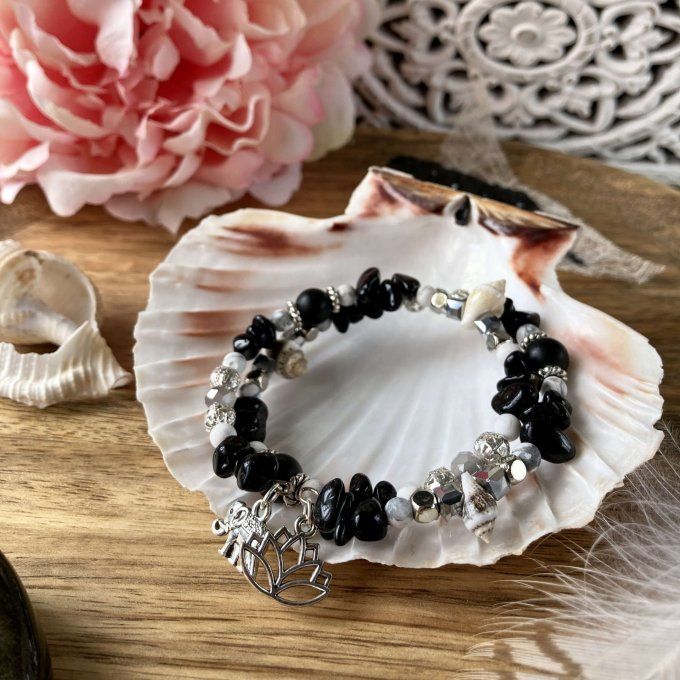 Bracelet Jonc en Tourmaline noire ou multicolore, perles, coquillages, breloques lotus & éléphant 