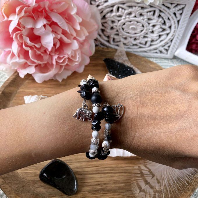 Bracelet Jonc en Tourmaline noire ou multicolore, perles, coquillages, breloques lotus & éléphant 