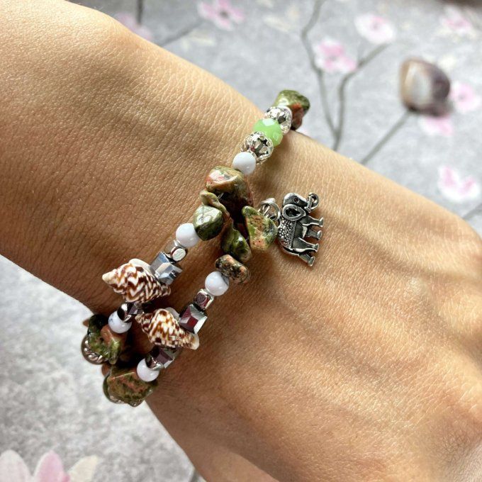 Bracelet Jonc en Unakite, perles, coquillages, breloques lotus & éléphant 