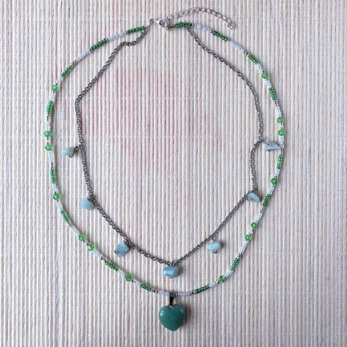 Collier double Aventurine et Amazonite, pendentif cœur