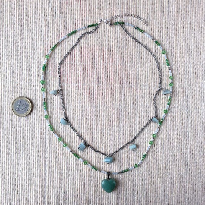 Collier double Aventurine et Amazonite, pendentif cœur