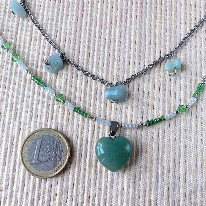 Collier double Aventurine et Amazonite, pendentif cœur