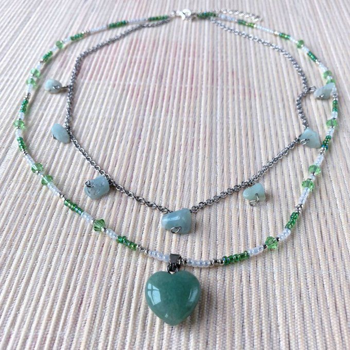 Collier double Aventurine et Amazonite, pendentif cœur