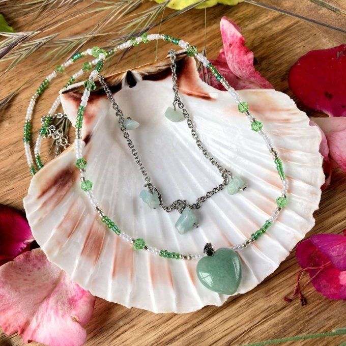 Collier double Aventurine et Amazonite, pendentif cœur