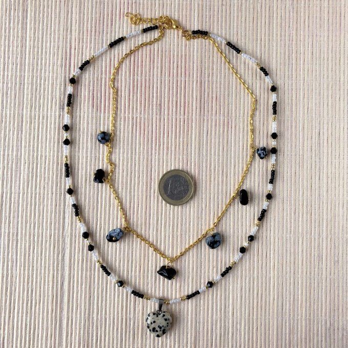 Collier double Jaspe Dalmatien et Obsidienne, pendentif cœur