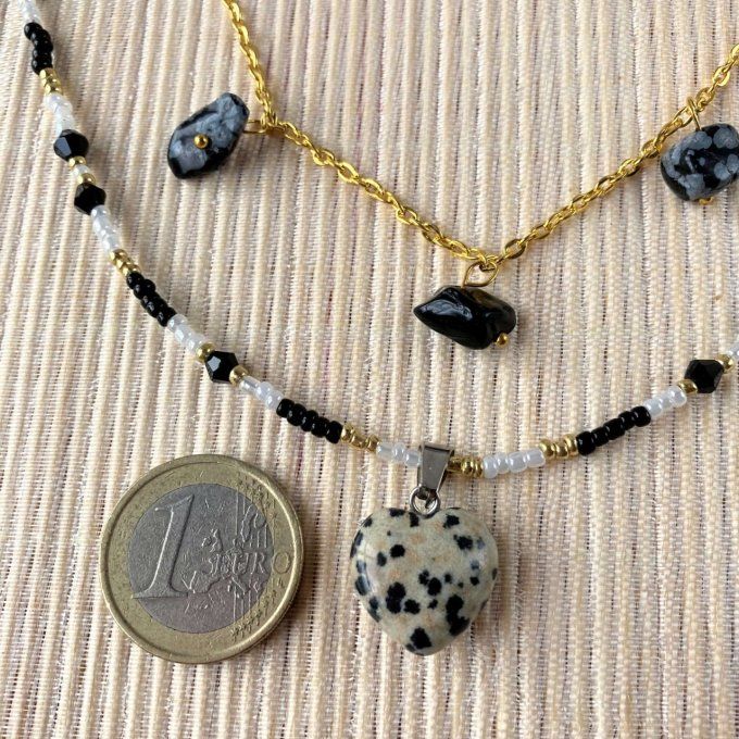 Collier double Jaspe Dalmatien et Obsidienne, pendentif cœur