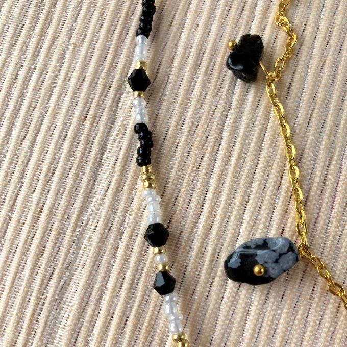 Collier double Jaspe Dalmatien et Obsidienne, pendentif cœur