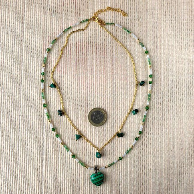 Collier double rang Malachite, pendentif cœur