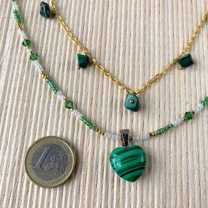 Collier double rang Malachite, pendentif cœur