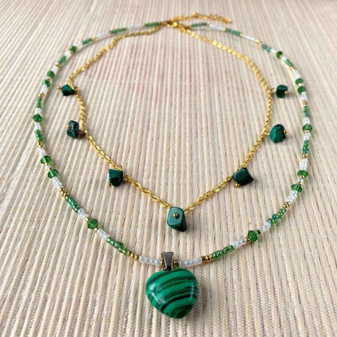 Collier double rang Malachite, pendentif cœur