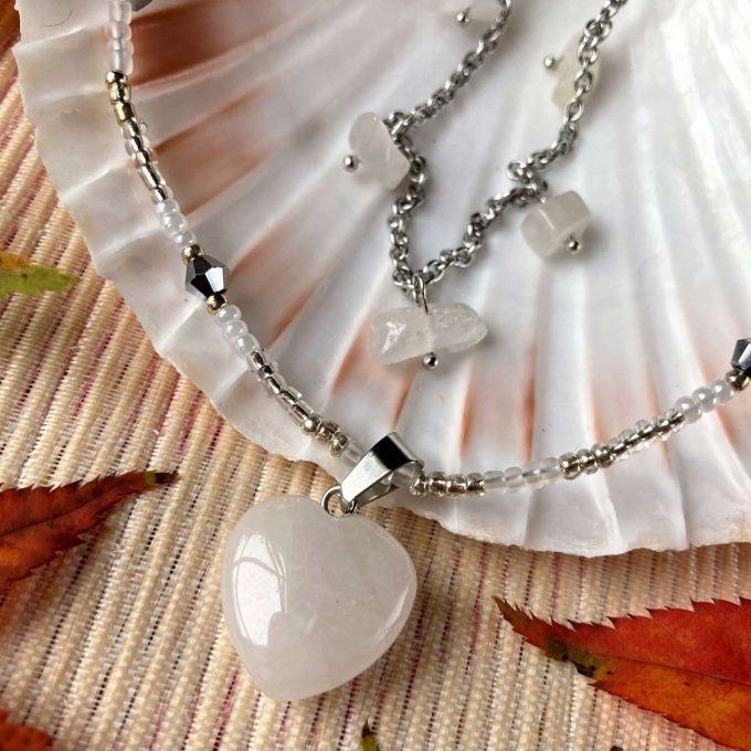 Collier double rang en Quartz Blanc, pendentif cœur 