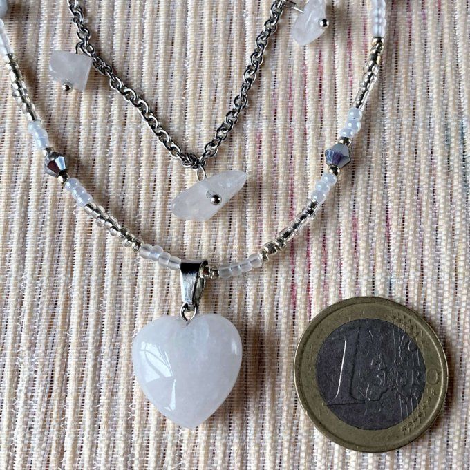 Collier double rang en Quartz Blanc, pendentif cœur 