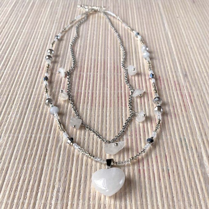 Collier double rang en Quartz Blanc, pendentif cœur 