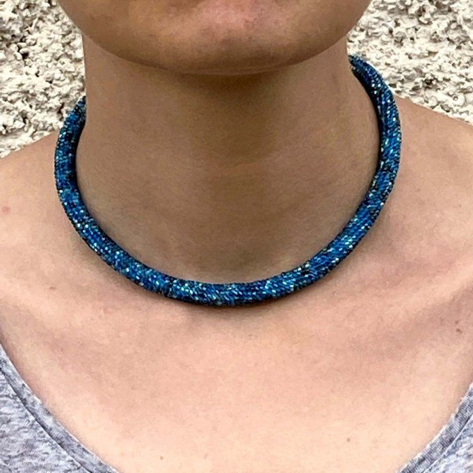 Collier Bracelet en perles de rocailles camaïeu de bleu vert canard 