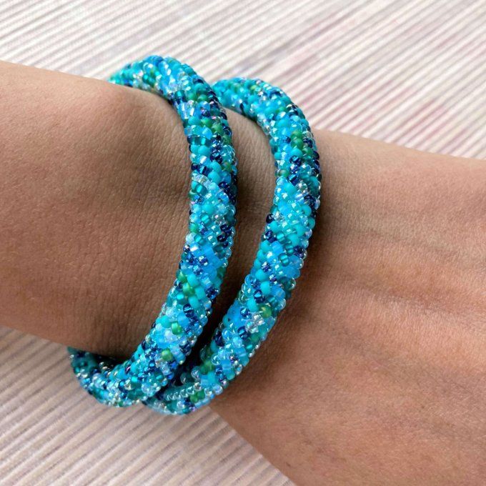 Collier Bracelet en perles de rocailles camaïeu de bleu vert turquoise 