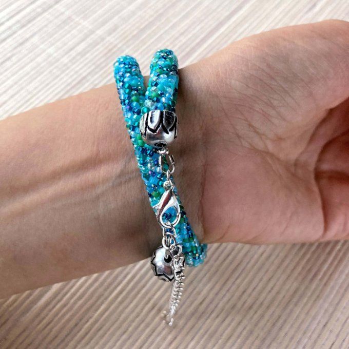 Collier Bracelet en perles de rocailles camaïeu de bleu vert turquoise 
