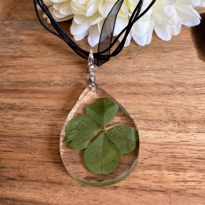 Collier trèfle à 4 feuilles, pendentif goutte