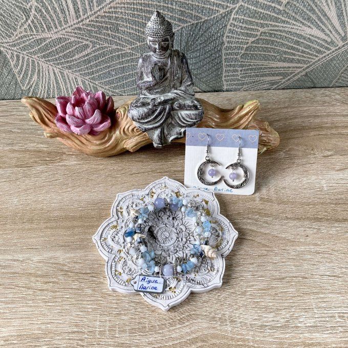 Coffret cadeau – Coupelle mandala blanc, noir et doré, bracelet jonc et boucles d'oreilles Lune
