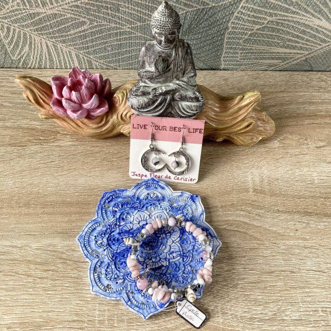 Coffret cadeau – Coupelle mandala bleue et argentée, bracelet jonc et boucles d'oreilles Lune