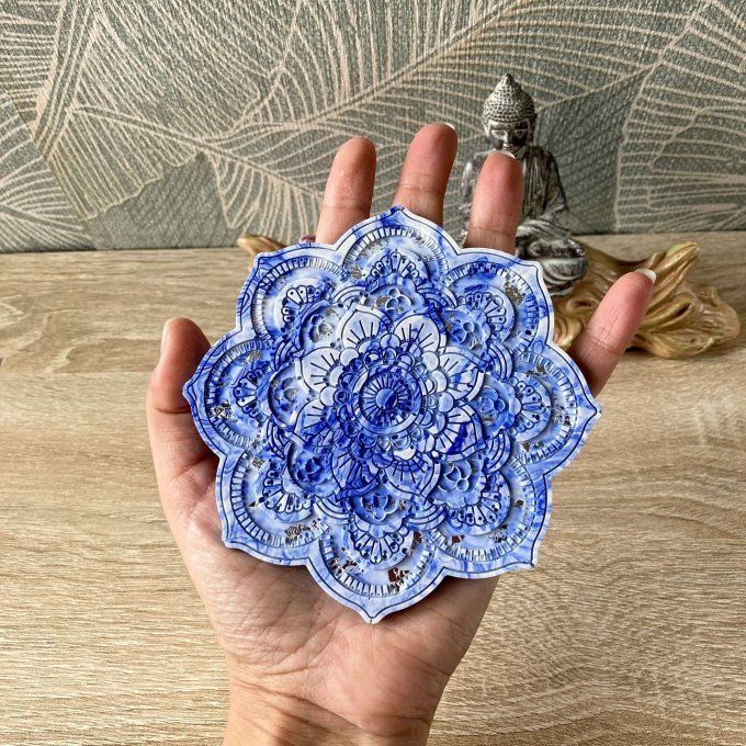 Coffret cadeau – Coupelle mandala bleue et argentée, bracelet jonc et boucles d'oreilles Lune