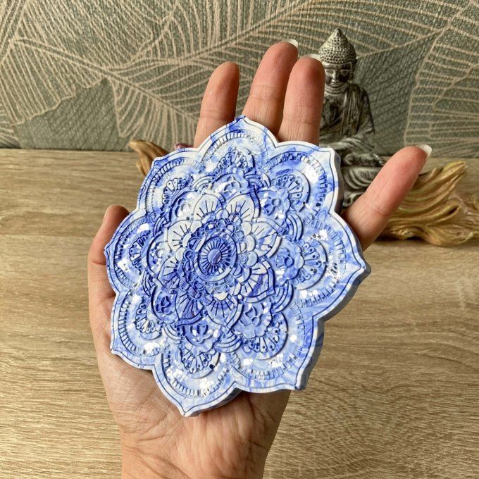 Coffret cadeau – Coupelle mandala bleue et argentée, bracelet jonc et boucles d'oreilles Lune