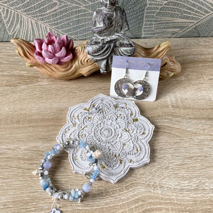 Coffret cadeau – Coupelle mandala grise et dorée, bracelet jonc et boucles d'oreilles Lune