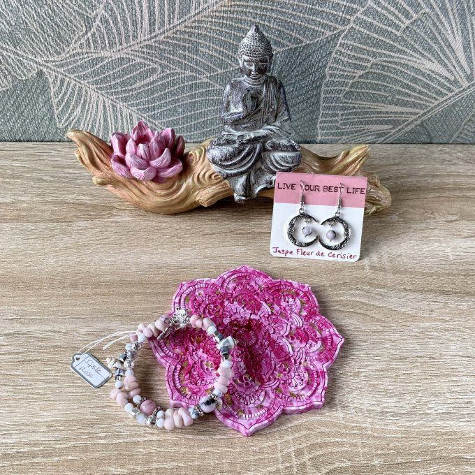 Coffret cadeau – Coupelle mandala rose et dorée, bracelet jonc et boucles d'oreilles Lune