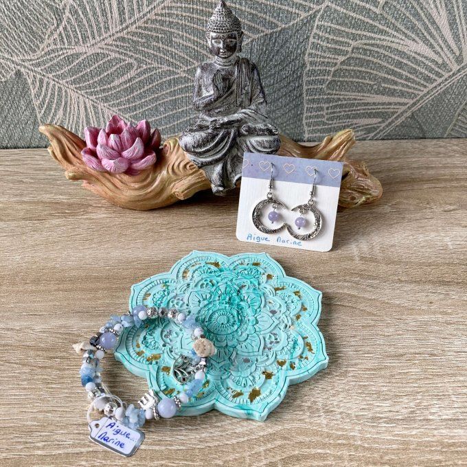 Coffret cadeau – Coupelle mandala verte et dorée, bracelet jonc et boucles d'oreilles Lune
