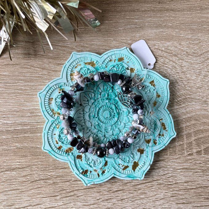 Coffret cadeau – Coupelle mandala verte et dorée, bracelet jonc et boucles d'oreilles Lune