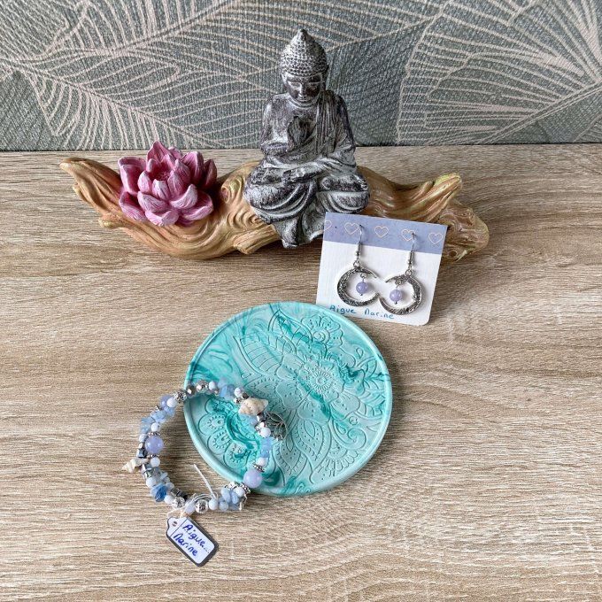 Coffret cadeau – Coupelle ronde vert menthe nacrée et argentée, bracelet jonc et boucles d’oreilles