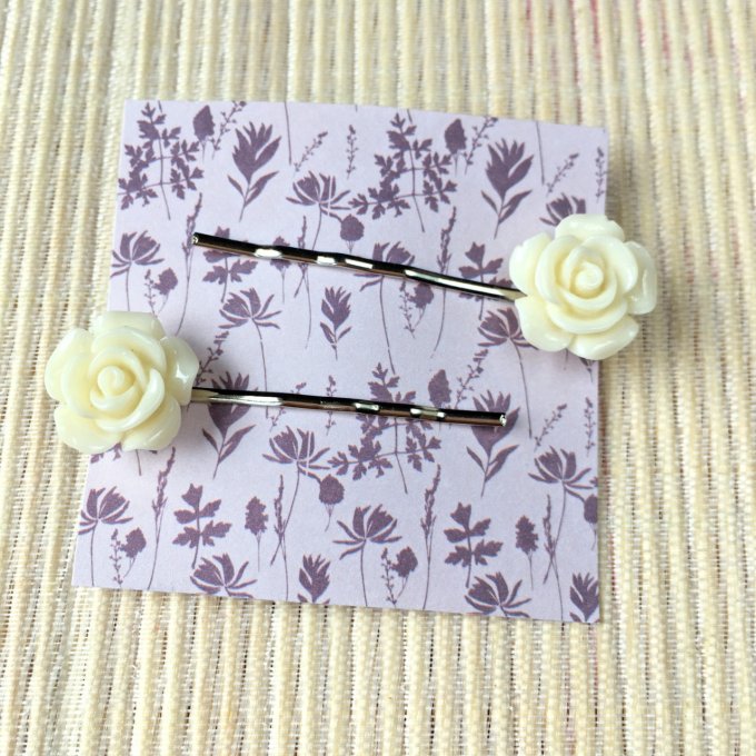 Epingle à cheveux, bobby pin, fleur rose beige