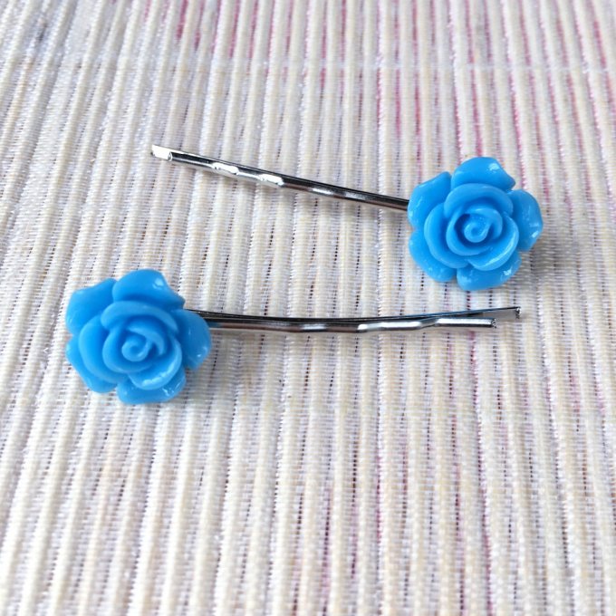 Epingles à cheveux, bobby pin, fleur rose bleu vif