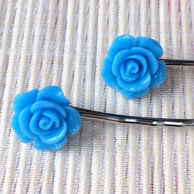 Epingles à cheveux, bobby pin, fleur rose bleu vif