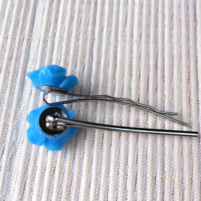 Epingles à cheveux, bobby pin, fleur rose bleu vif