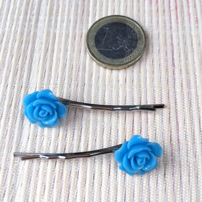 Epingles à cheveux, bobby pin, fleur rose bleu vif