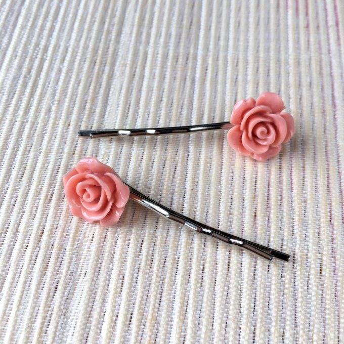 Epingles à cheveux, bobby pin, fleur rose corail