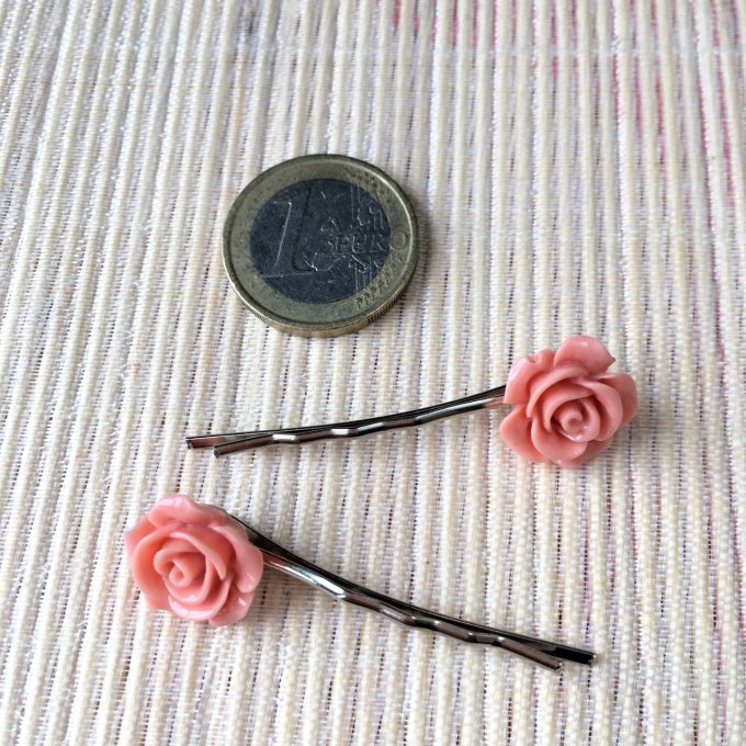 Epingles à cheveux, bobby pin, fleur rose corail