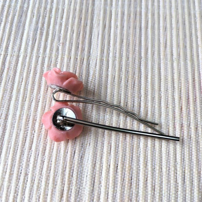 Epingles à cheveux, bobby pin, fleur rose corail