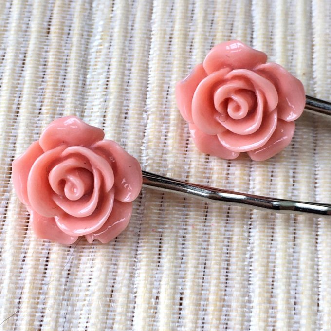 Epingles à cheveux, bobby pin, fleur rose corail