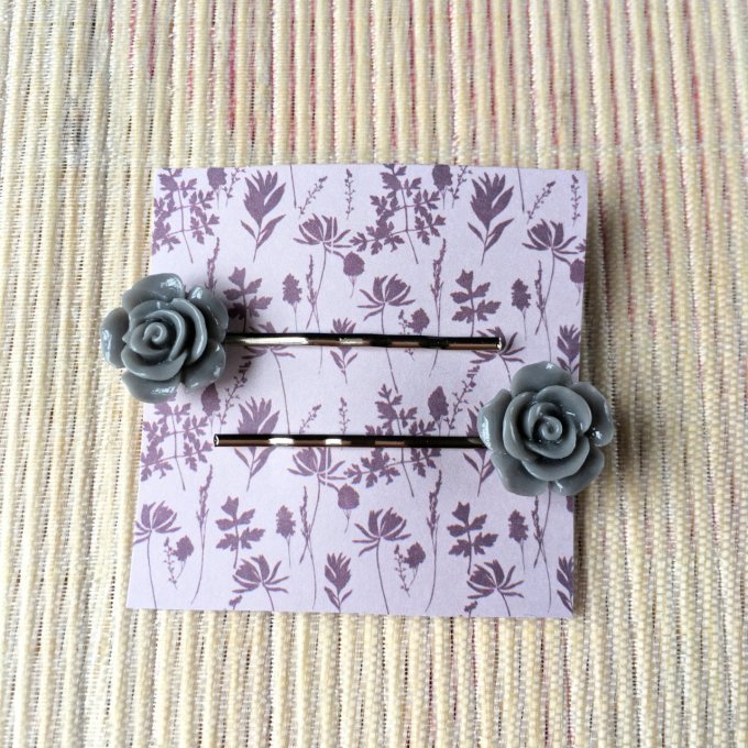 Epingles à cheveux, bobby pin, fleur rose gris souris