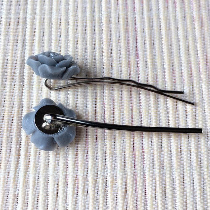 Epingles à cheveux, bobby pin, fleur rose gris souris