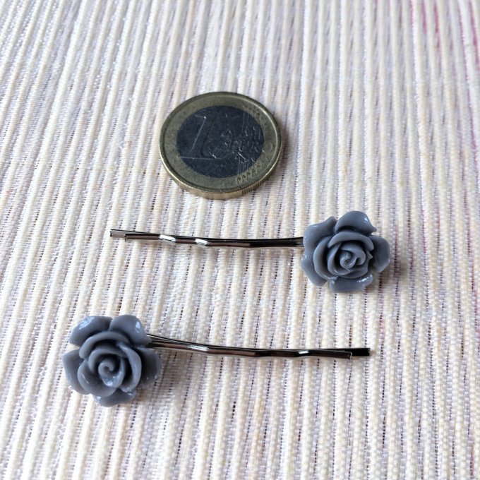 Epingles à cheveux, bobby pin, fleur rose gris souris